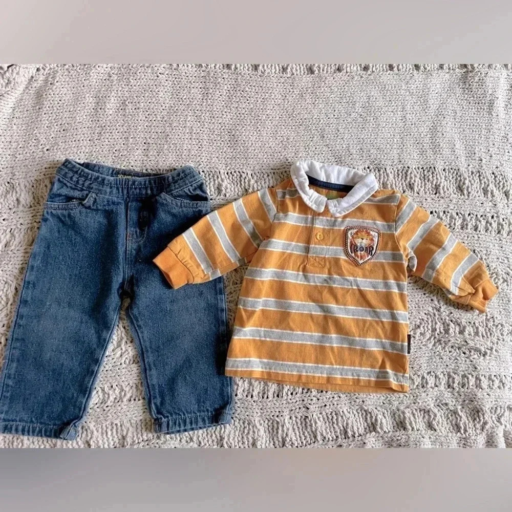 Sesame Street 6-9 months orange striped long sleeve lion shirt and jeans outfit